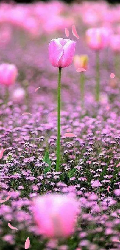 Mobile wallpaper of a pink tulip field with blooming flowers.