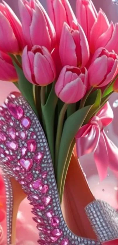Pink tulips arranged in a gem-studded shoe.