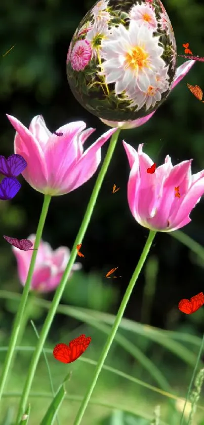 Pink tulips and a floral egg against a green backdrop.