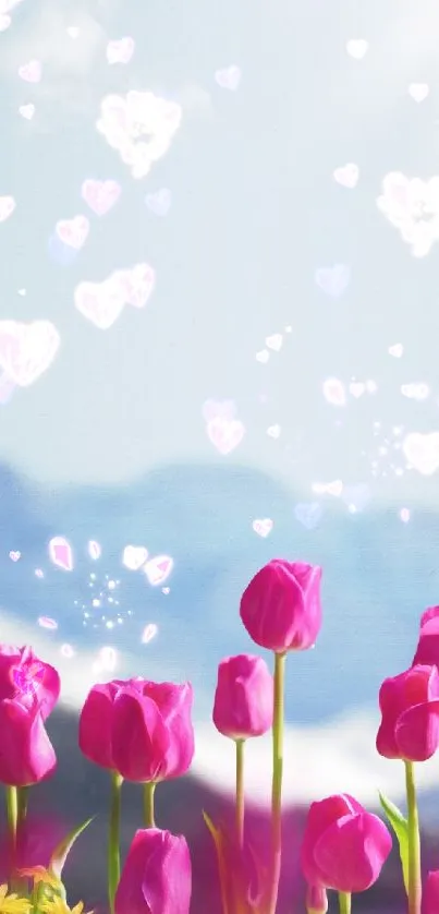 Mobile wallpaper of pink tulips and heart shapes in the sky.