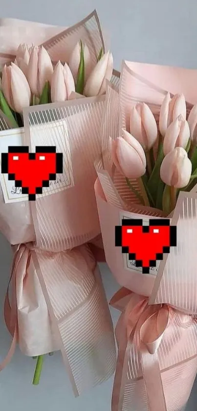 Pink tulip bouquets with pixel hearts in elegant wrapping.