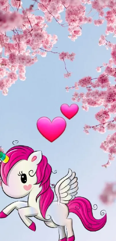 Pink unicorn with cherry blossoms and hearts wallpaper.