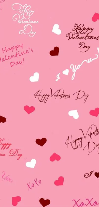 Pink Valentine's Day wallpaper with hearts and messages.