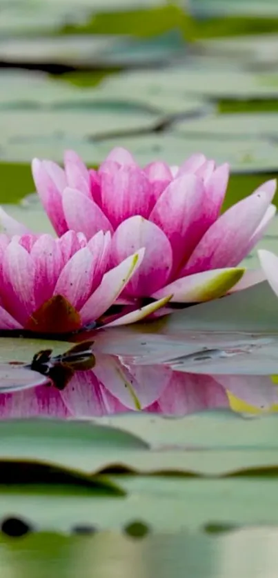 Serene wallpaper of pink water lilies on reflective waters.