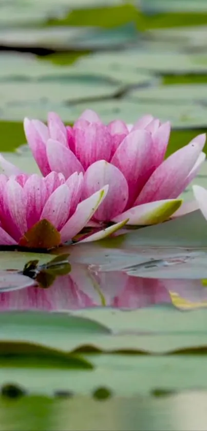 Pink water lilies in a peaceful pond with green lily pads.