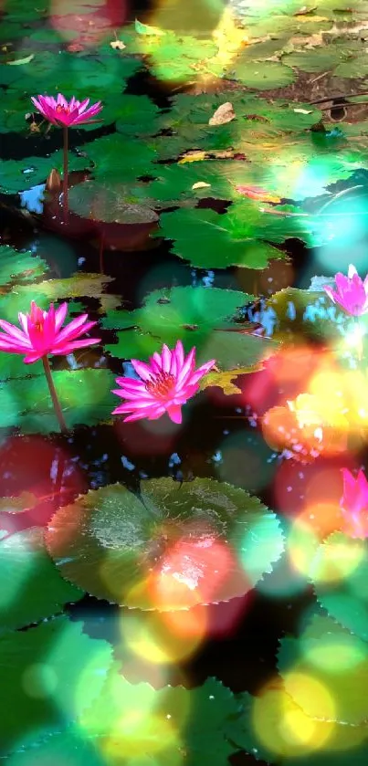 Pink water lilies floating on lush green lily pads in a tranquil pond scene.