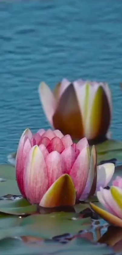 Pink water lilies floating on a tranquil blue pond.