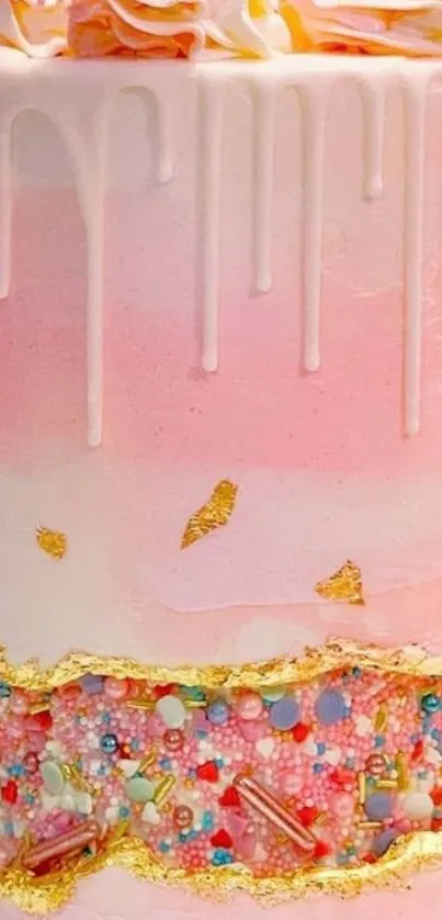 Pink cake with cream and gold accents wallpaper.