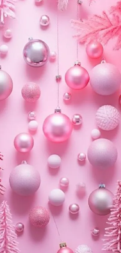 Pink festive wallpaper with ornaments and winter decorations for mobile.