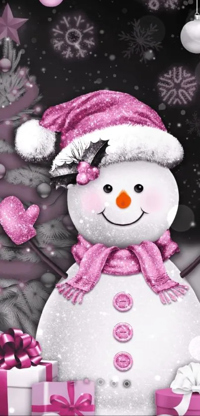 Pink winter snowman with festive decor and gifts on a mobile wallpaper.