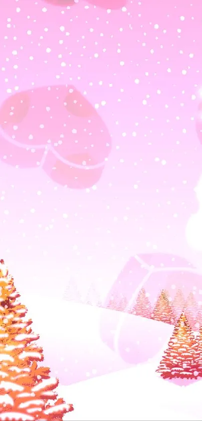 Pink winter scene with snow and trees, perfect phone wallpaper.