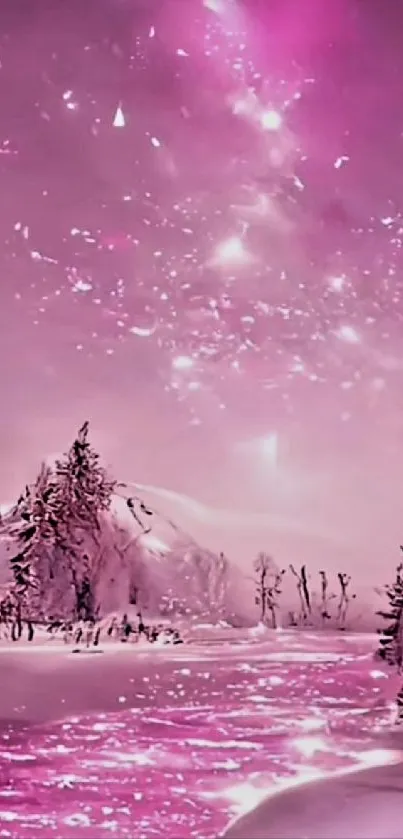 Pink winter wonderland with snowy trees and sky.