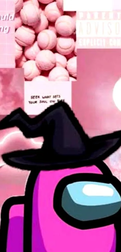 Pink themed game character with witch hat in a charming collage background.