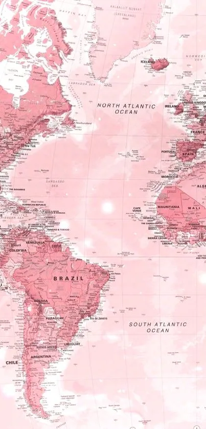 Pink world map wallpaper for mobile with detailed country outlines.