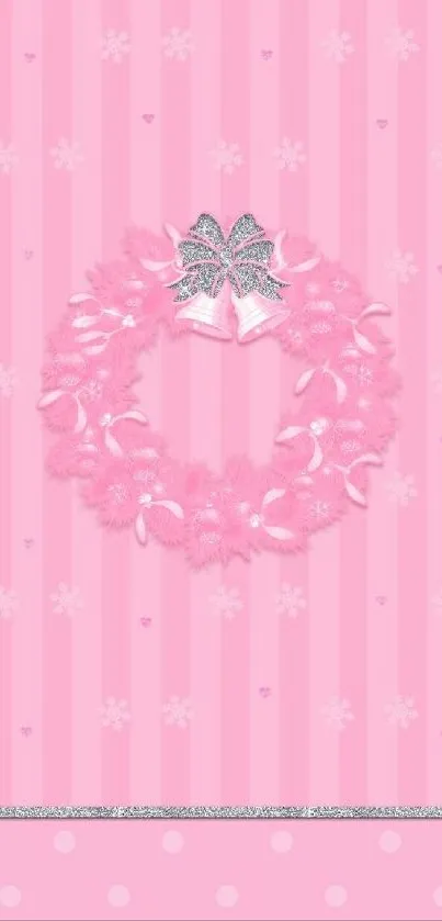 Pink wallpaper with a wreath and silver bow on stripes.