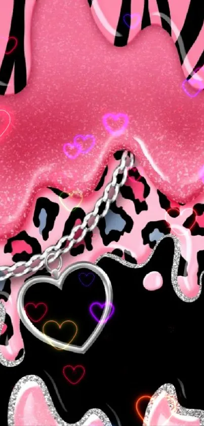 Pink zebra print wallpaper with heart pendant and abstract patterns.