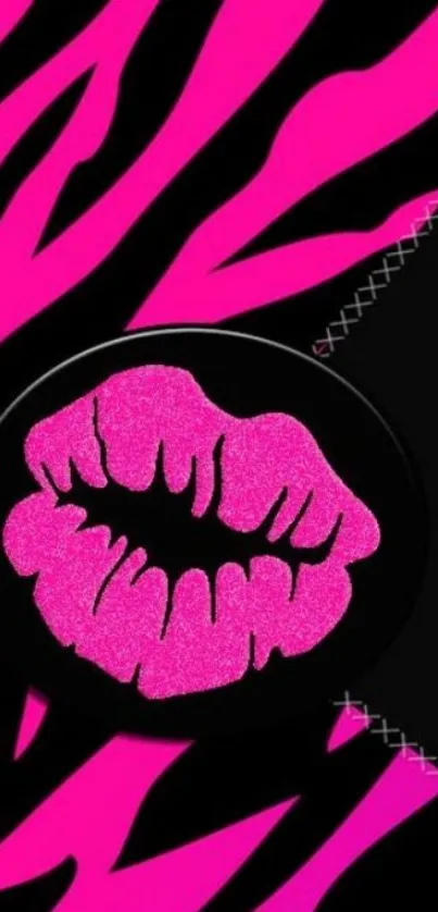 Pink zebra pattern with glitter lips on mobile wallpaper.