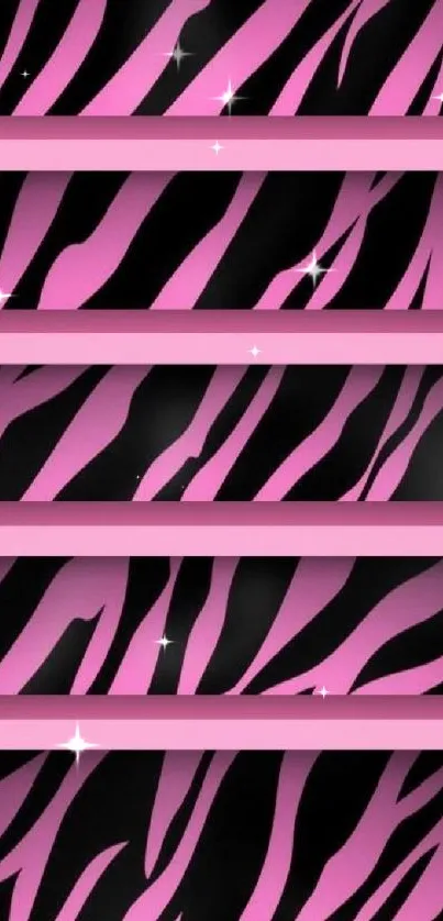 Pink zebra patterned wallpaper with bold black stripes.