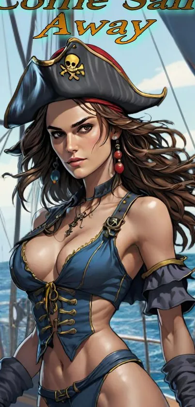 Pirate-themed mobile wallpaper art with female character.