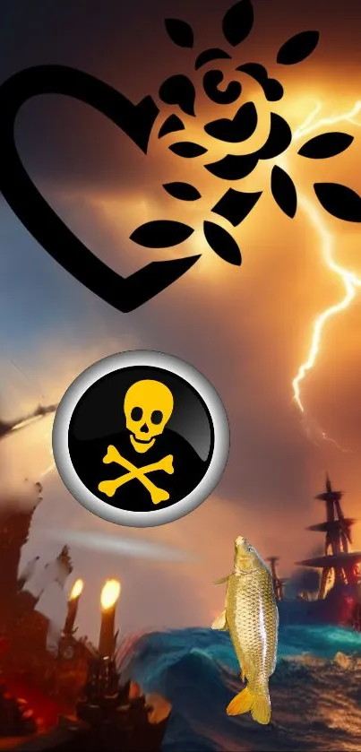 Pirate theme wallpaper with stormy sea and skull symbol.