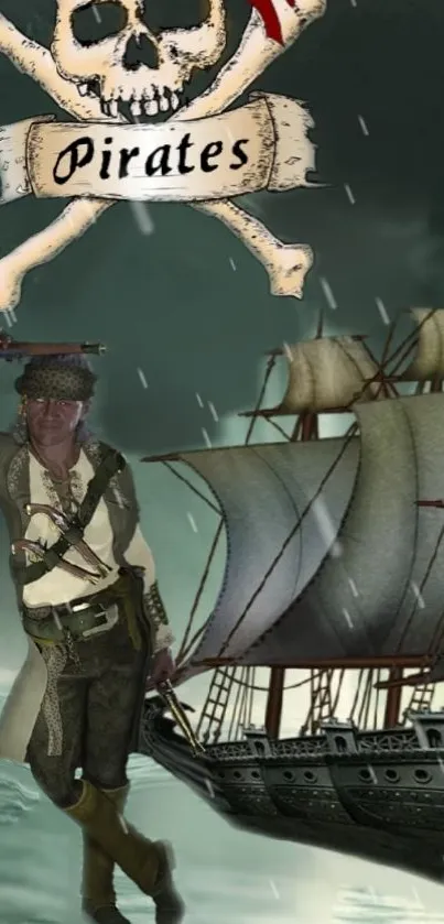Pirate-themed mobile wallpaper with ship and pirate character.