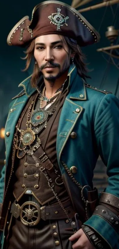 Pirate captain in detailed attire on a ship, vibrant teal tones, mobile wallpaper.