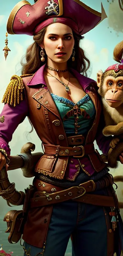 Female pirate with monkey on a ship.