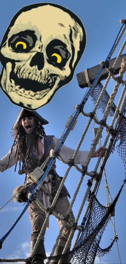 Pirate on ship with jolly roger under blue sky.
