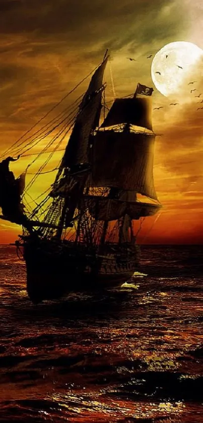 Pirate-themed mobile wallpaper with ships under a dark orange sky.