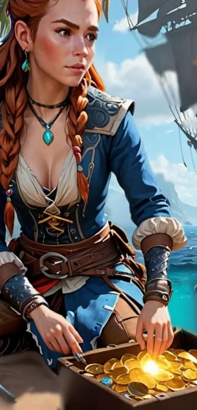 Vibrant pirate-themed wallpaper with a female pirate and treasure.