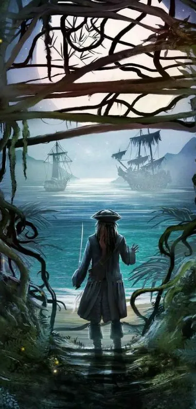 Pirate stands facing ships in a mystical seascape.