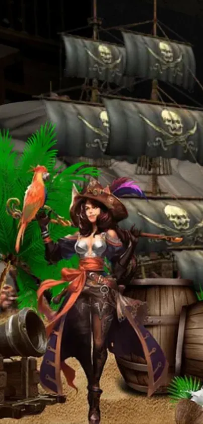 Vibrant pirate fantasy with a female pirate and her parrot on a ship deck.