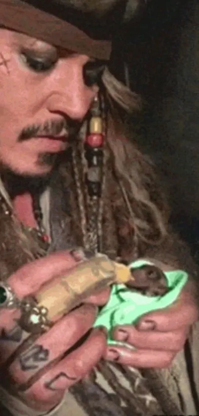 Pirate character feeding a small animal wrapped in cloth.