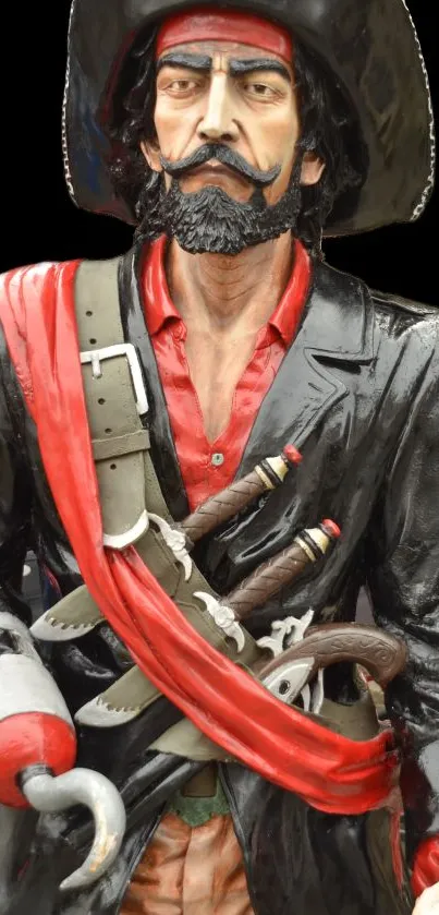 Pirate figurine with black and red attire, holding weapons.