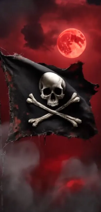 Pirate flag with skull and red moon.