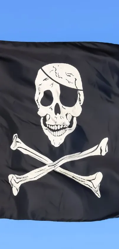 Pirate flag with skull and crossbones on a sky blue background.