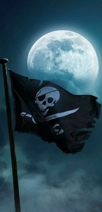 Pirate flag waving under a moonlit sky, casting eerie shadows.