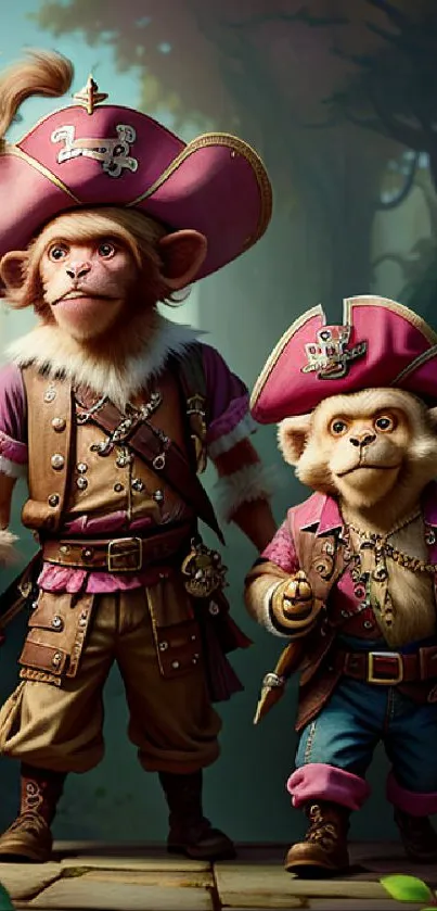 Two pirate monkeys in a vibrant forest setting, wearing detailed costumes.