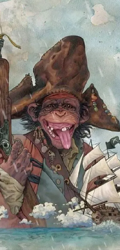 Whimsical pirate monkey with ship in watercolor art style.