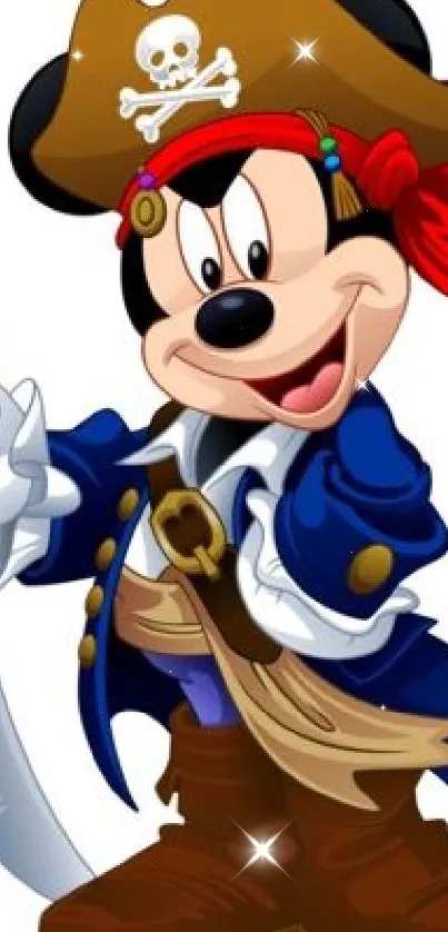 Cartoon pirate mouse with blue outfit and sword.