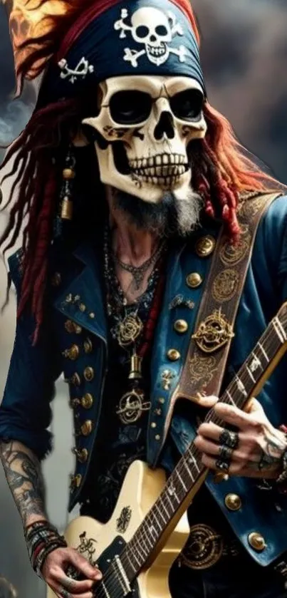 Pirate-themed wallpaper with skull-headed guitarist in detailed attire.