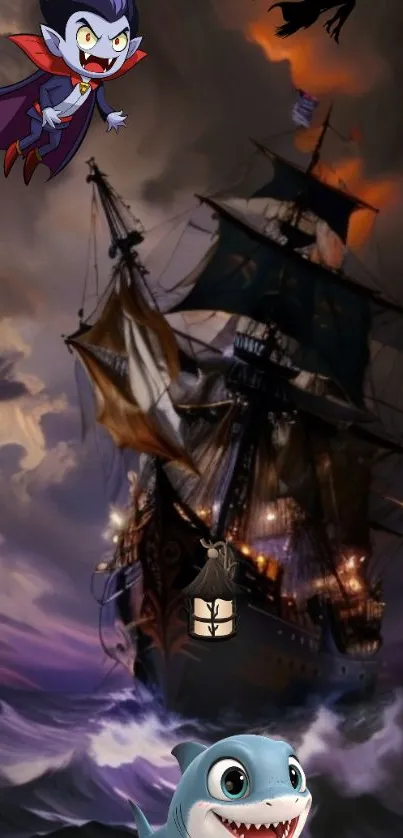 Fantasy pirate ship with cartoon characters on stormy sea.