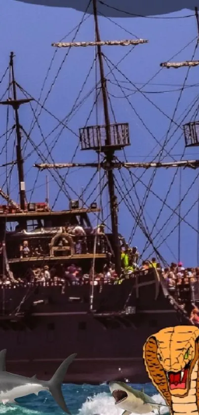 Mobile wallpaper of a pirate ship on a blue sea with sharks and a cobra.