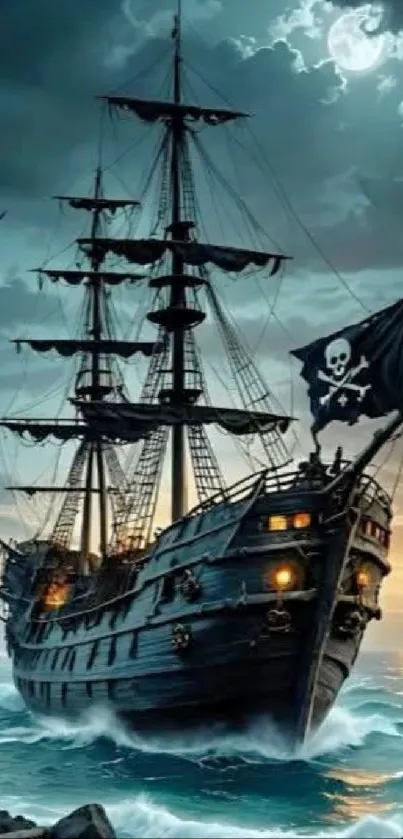 Pirate ship sailing under moonlit sky with skull flag.
