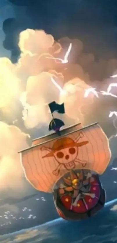 Pirate ship with skull sail on ocean with dramatic clouds.