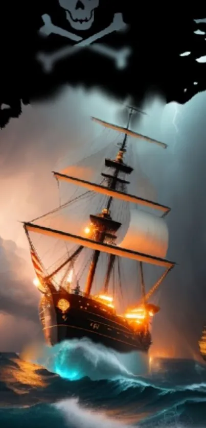 Dark pirate ship sailing on stormy seas with dramatic sky.