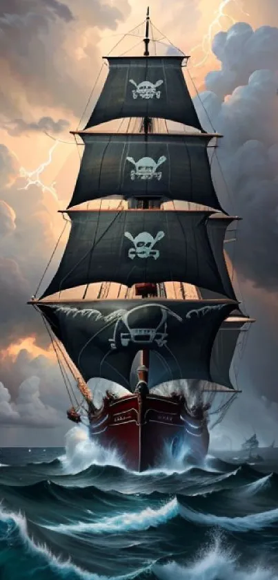 Pirate ship on stormy seas, dramatic sky overhead.