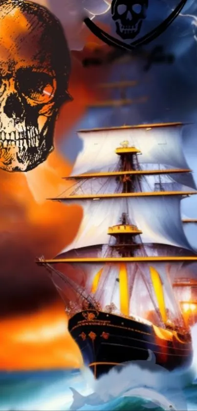 Dynamic pirate ship with skull design on a vibrant wallpaper.