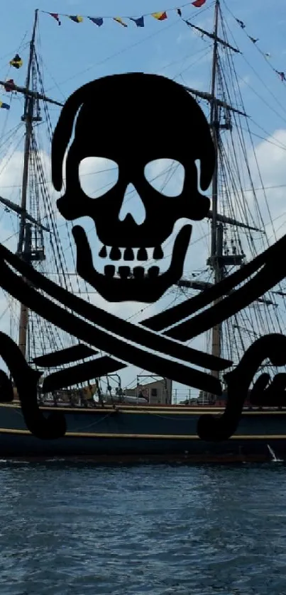 Pirate ship on blue ocean with a skull and crossbones overlay.