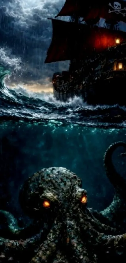 Epic pirate ship fighting a giant kraken in the ocean.